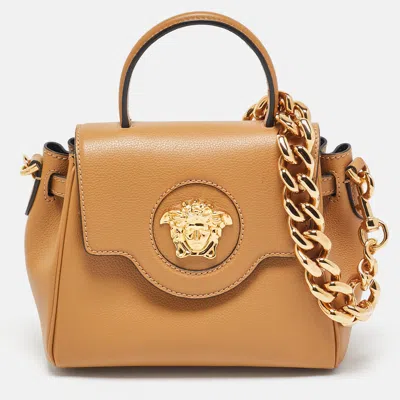 Versace Brown Leather Mini La Medusa Top Handle Bag