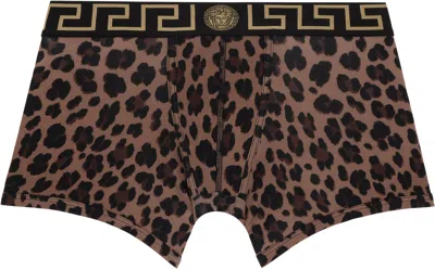 Versace Brown Leopard Greca Border Long Boxer Briefs In 5n440-chestnut+gold