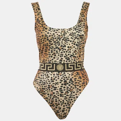 Pre-owned Versace Brown Leopard Print Jersey Greca Trim Swimsuit S