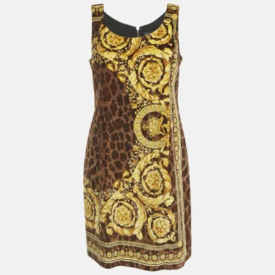 Pre-owned Versace Brown Printed Velvet Sleeveless Mini Dress L