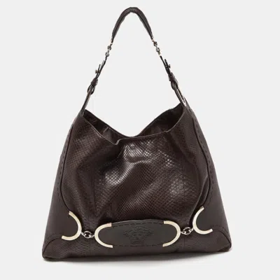 Pre-owned Versace Brown Python And Leather Hobo
