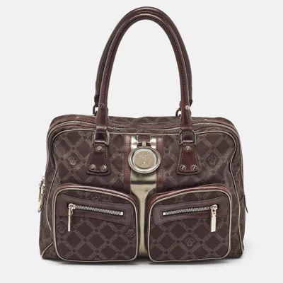Pre-owned Versace Brown Signature Canvas And Leather Double Pocket Satchel