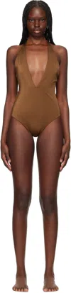 Versace Brown Tex Rodi Modulo Spilla Swimsuit In 1ng80-tobacco