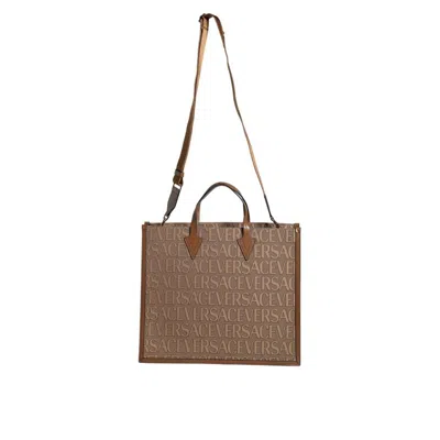 Versace Brown Top Handle Jacquard Leather Logo Crossbody Tote Bag Co Vl