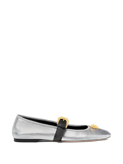 Versace Buckle-medallion Ballet Flats In Silver
