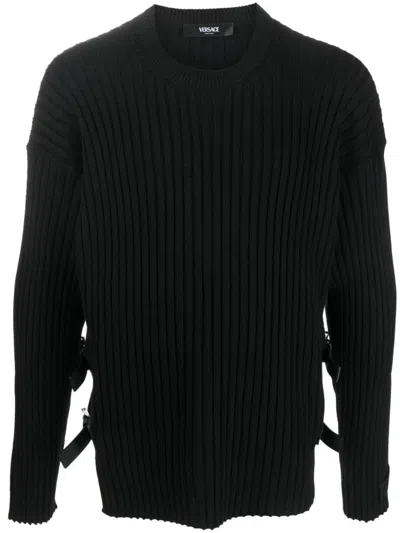 Versace Buckles Detail Wool Sweater In Black