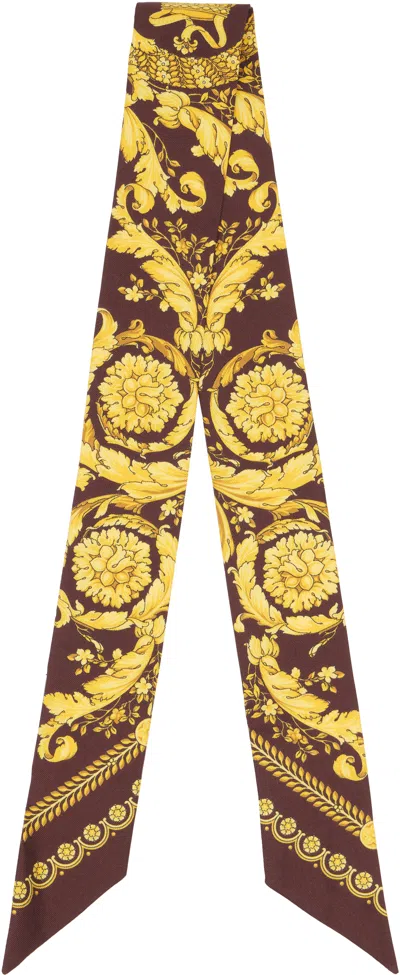 Versace Burgundy & Yellow Printed Silk Twill Ribbon Scarf