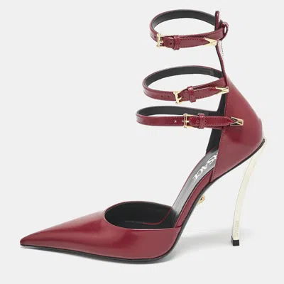 Pre-owned Versace Burgundy Brushed Leather Pin-point Ankle Strap Pumps Size 36