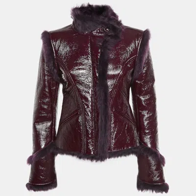 Pre-owned Versace Burgundy/purple Leather Fur Lined Zip Up Jacket M