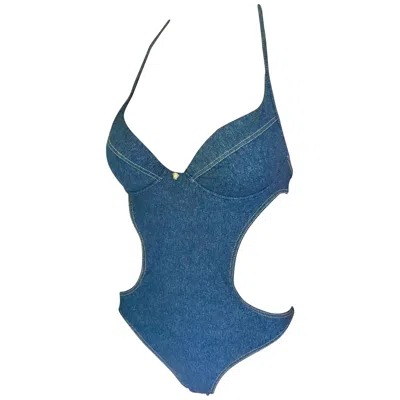 Pre-owned Versace Bustier Plunging Open Back Cutout Denim Print Swimwear Swimsuit In Blue