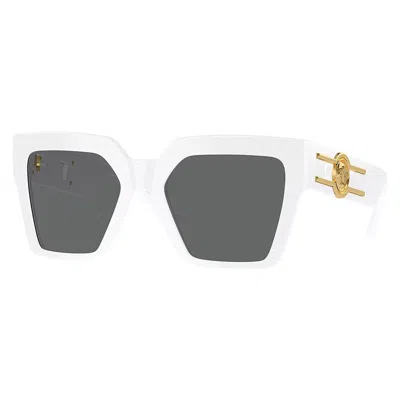 VERSACE BUTTERFLY FULL RIM, WITH A WHITE FRAME AND DARK GREY LENS.