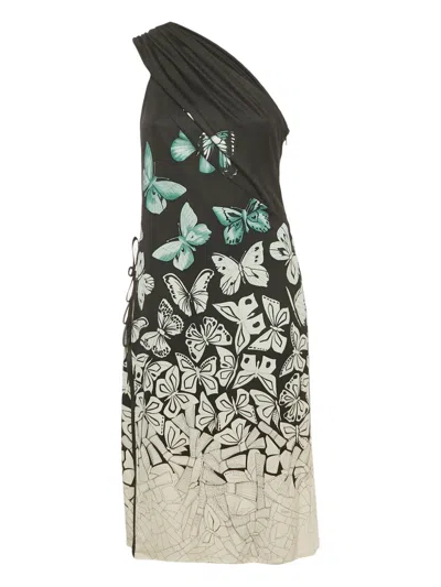 Pre-owned Versace Butterfly-print One-shoulder Dress In Black