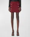 Versace Button-embellished Frayed Checked Tweed Mini Skirt In Lipstick Redblack