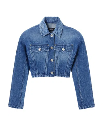 Versace Stone-washed Crop Denim Jacket In Medium Blue