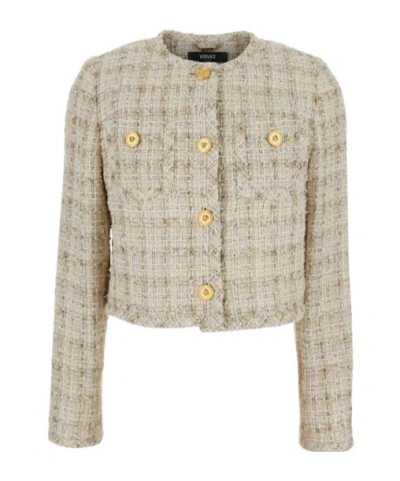 Versace Long Sleeves Tweed Blazer With Front Pockets In Neutrals