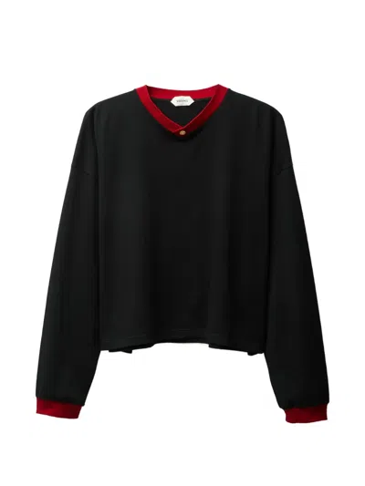 Versace Long-sleeved V-neck Cotton T-shirt With Contrast Trims In Black