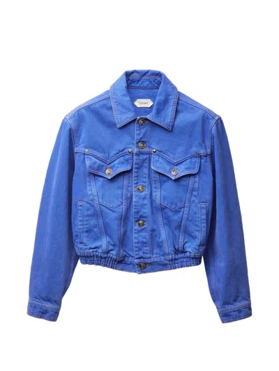 Versace Cropped Jacket In Vibrant Blue Hue With Classic Collar