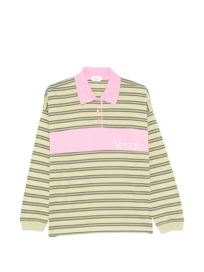 Versace Buttoned Striped Polo Shirt In Green