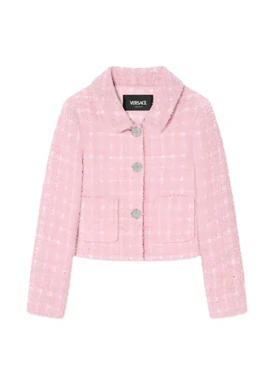 Versace Kids' Buttoned Tweed Jacket In Pink