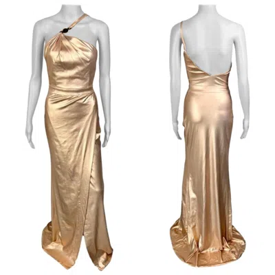 Pre-owned Versace C.2013 Wet Liquid Look Bodycon Metallic Rose Gold Evening Dress Gown In Red