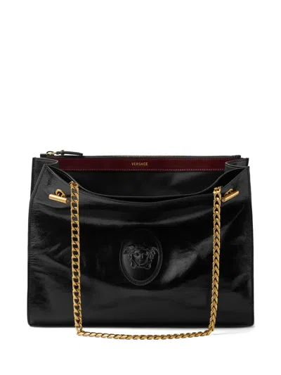 Versace Cabine Leather Shoulder Bag In Black