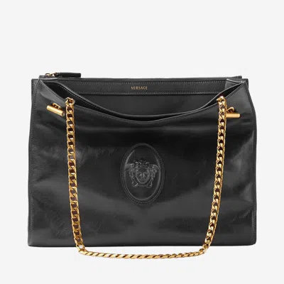 Versace Cabine Leather Shoulder Bag In Black