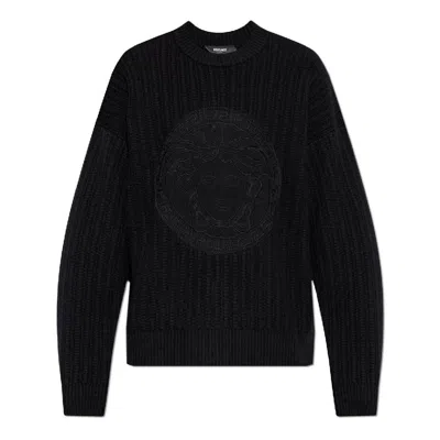 Versace Cable Knit Medusa Embroidered Sweater In Multi