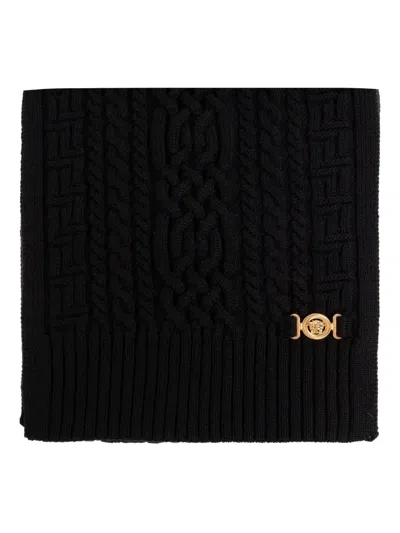 Versace Cable-knit Virgin-wool Scarf In Black