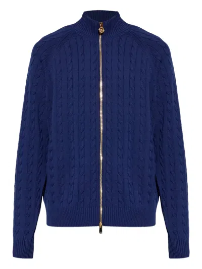 Versace Stand-up Collar Zipped Cardigan In Blue