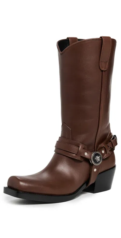 Versace Calf Leather Boots 50mm Moka/aged Palladium In Brown