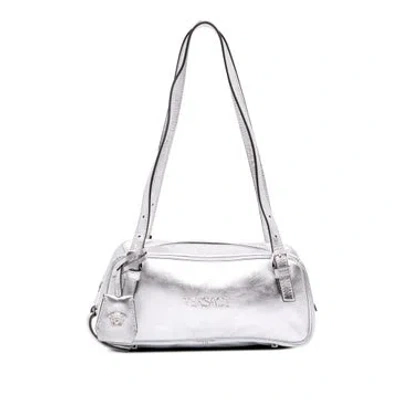 Pre-owned Versace Calf Leather Metallic Leather Tag Bowling Bag In Silver