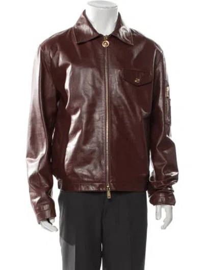 Pre-owned Versace Calf Leather Moto Jacket W/ Tags In Burgundy