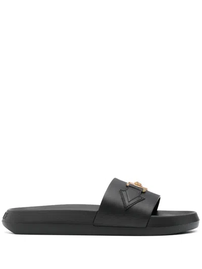 Versace Calf Leather Slide Sandals In Black