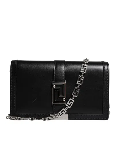 Versace Calfskin Leather Chain Strap Shoulder Crossbody Women's Bag In Black