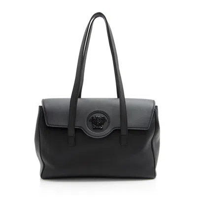 Versace Calfskin Palazzo Medusa Flap Tote In Black