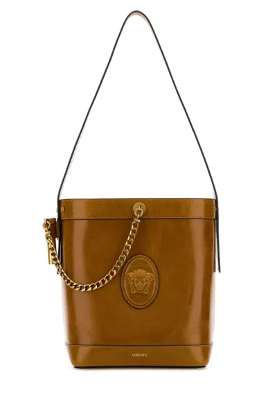 Versace Camel Leather Bucket Bag In Orange