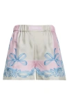 Versace Pink Shorts With Patch Logo On The Front And All-over Graphic Print In Silk Woman In Pastel Pink Light Grey