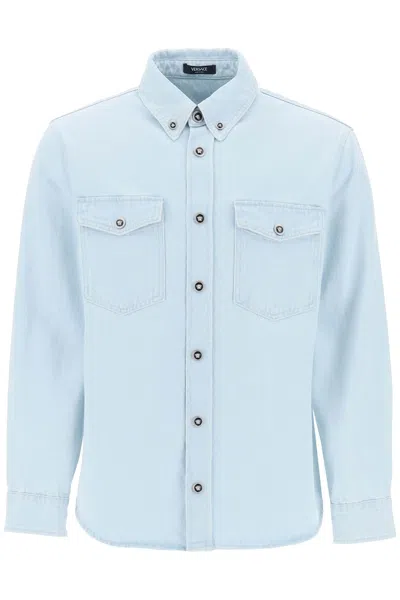 Versace Camicia In Denim Medusa In Light Blue