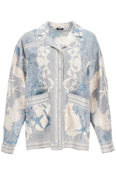 Versace Barocco Sea Oversized Silk Shirt In Blue+print