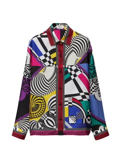 Versace Multi Silk Geometric Print Long-sleeve Shirt In White