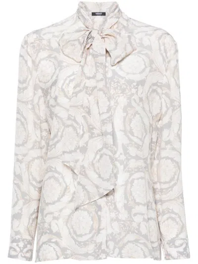 Versace Barocco-printed Long-sleeved Crepe Shirt In Grey