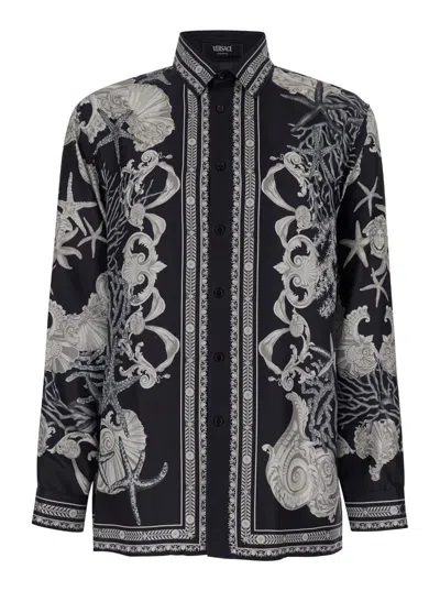 VERSACE BLACK SHIRT WITH ALL-OVER BAROCCO SEA PRINT IN SILK MAN