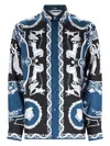 Versace Silk Shirt With Printed Design And Button-down Collar In Blue
