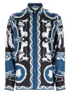 Versace Silk Shirt With Printed Design And Button-down Collar In Blue