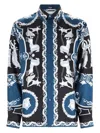 Versace Silk Shirt With Printed Design And Button-down Collar In Blue
