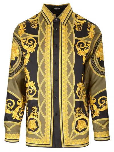 Versace Black And Yellow Shirt With Barocco Print In Silk Man