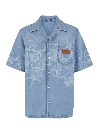 Versace Light Blue Barocco Shirt With Barocco Sea Print