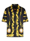 Versace Black Shirt With Cuban Collar And All-over Graphic Print In Silk Man In Black
