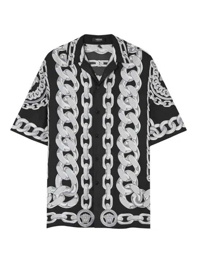 Versace Black And White Bowling Shirt With Cuban Collar And All-over Chain-link Print
