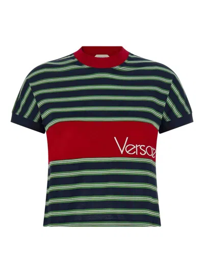 Versace Striped Cotton With Logo Intarsia T-shirt In Green
